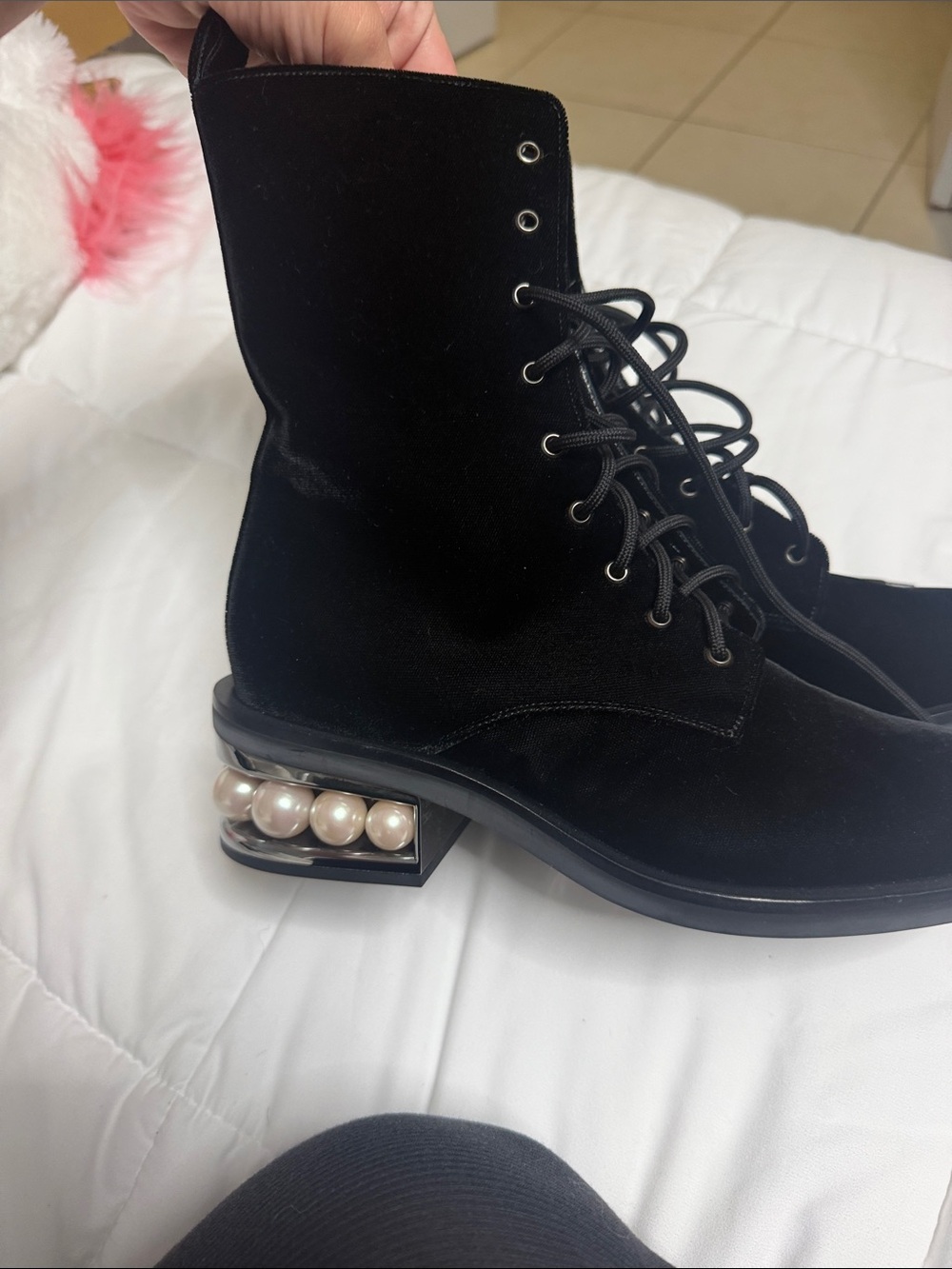 Nicholas Kirkwood Black Velvet Lace-Up Boots with Pearl-Trim Heel - Picture 2 of 7